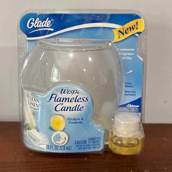 Glade Other - 2007 Rare Glade Wisp Flameless Candle Clean Linen Scent Glass Holder NEW!! Nos